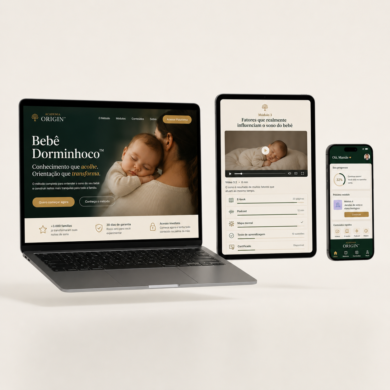 Plataforma do curso Bebê Dorminhoco em computador, tablet e celular
