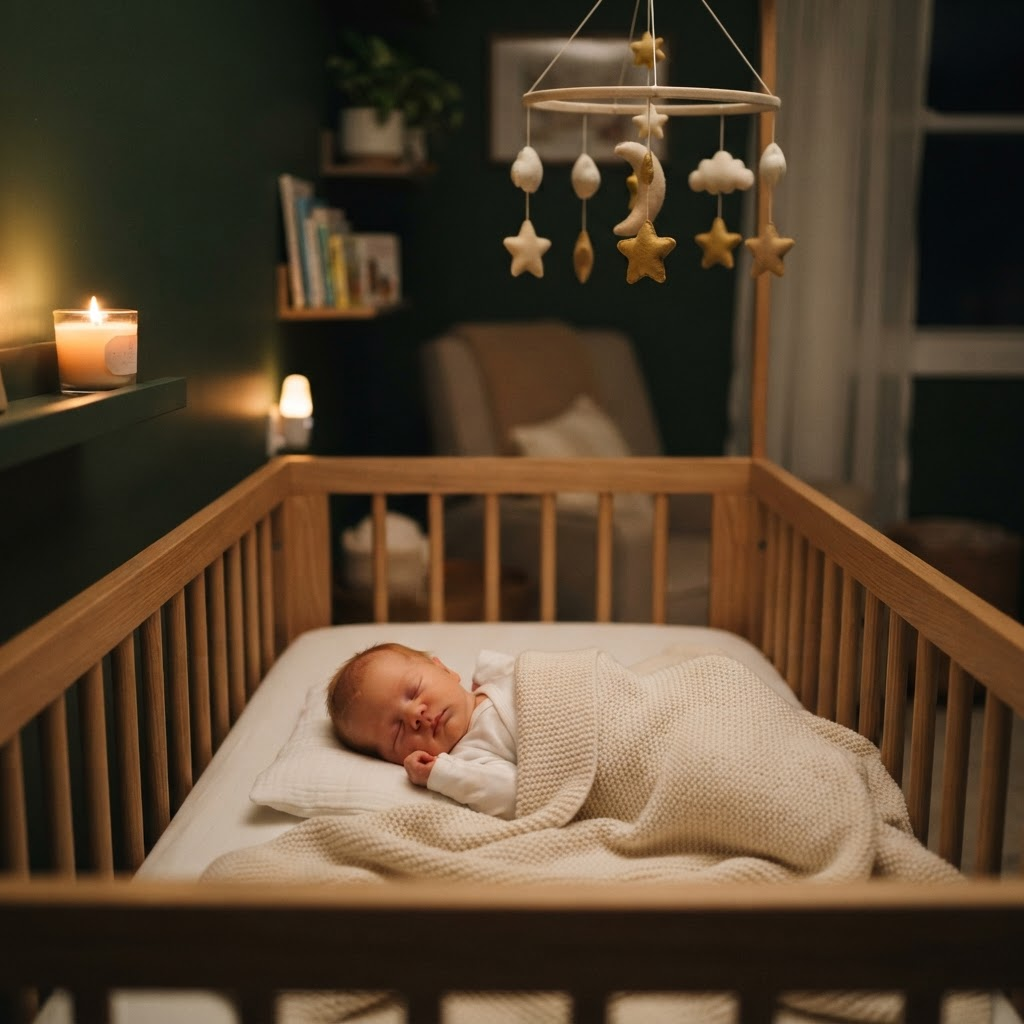 Quarto de bebê tranquilo à noite com luz quente e suave
